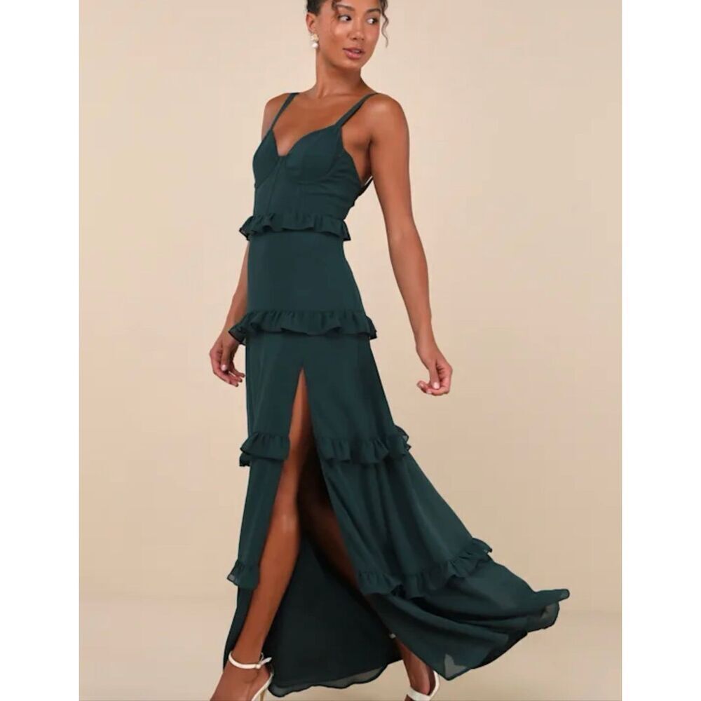 $99 Lulus Sincerely Poised Emerald Backless Bustier Tiered Maxi Dress size L